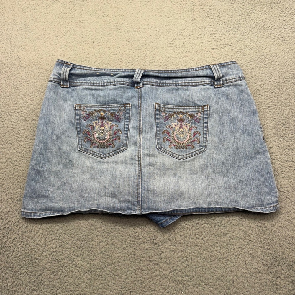 L.E.I. SLYH43520A Womens 16 Blue Denim Skort Sophia Hip Hugger Embroidered Y2K - Picture 2 of 11